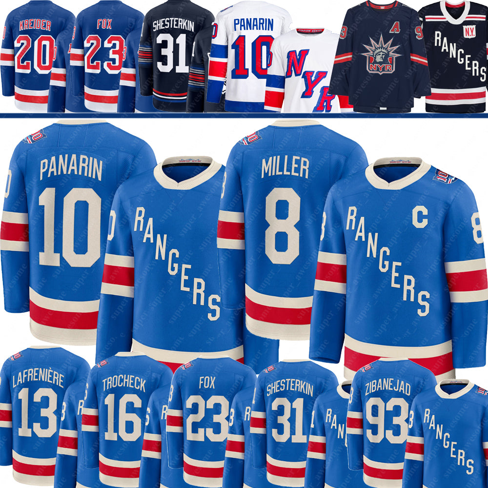 Artemi Panarin NY Ranger Centennial Hockey Jersey Adam Fox Igor Shesterkin Mika Zibanejadd Vincent Trocheck JT Miller Alexis Lafreniere Will Cuylle