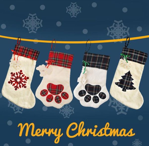Cat Dog Paw Christmas Stocking Xmas Sock Decoration Snowflake Footprint Pattern Xmas Stockings Apple Candy Gift Bag for Kid SN07