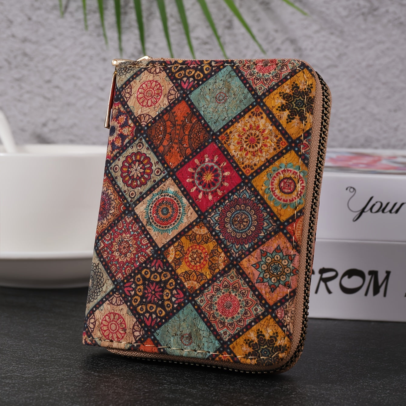TEMU Bohemian Vintage Mini Wallet, Floral Pattern Short Cork Coin Purse, Ethnic Style Credit Card Holder