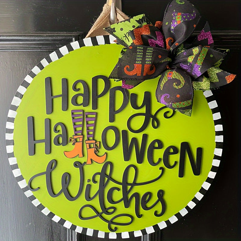 TEMU 1pc Vintage 3d Halloween Door Hanger - Wooden "happy " Sign With Spooky Boots & Broomstick Design, Striped Border, Festive Fall Decoration For