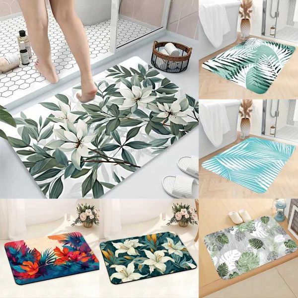 Lily Leaf Pattern Print Bath Mat Super Absorbent Non-Slip Living Room Bathroom Carpet Kitchen Porch Entrance Rug Home DecorationXJ240807