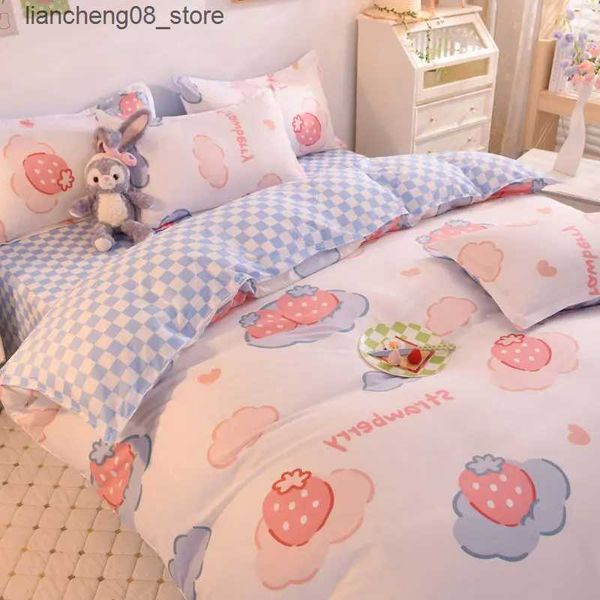 Bedding sets Pretty Pink Strawberry Flower Bedding Set Cute Duvet Cover Flat Sheet with cases Twin Full Size Bed Linen For Kids Girls L24091