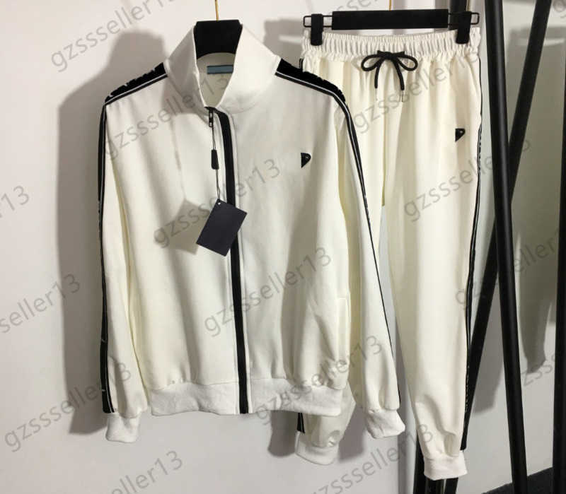 Womens Two Piece Tracksuit Classic Triangular Logo Contrasting Striped Stand-up Collar Jacket Drawstring Pleated Loose Trousers Fashion Contracted W