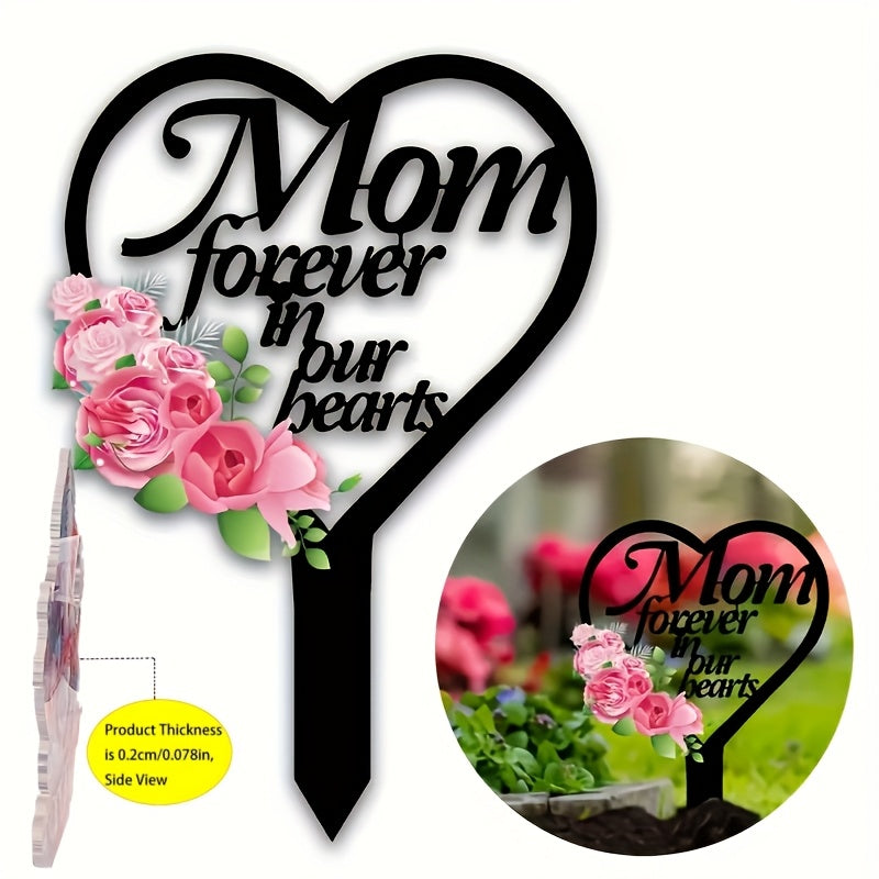 TEMU Forever In Our Hearts - Black Acrylic Memorial Garden Stake, Sympathy Grave Marker For Outdoor Yard Decor, Artistic Tombstone Mom, 8"x5.6" -