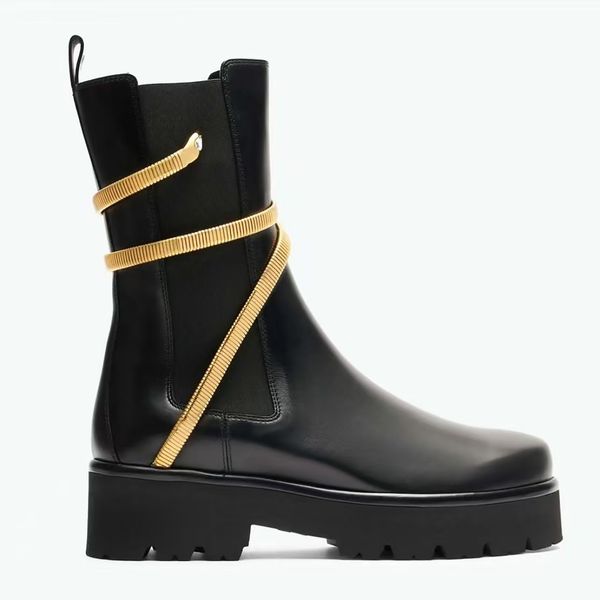 designer Boots Juniper Black And Gold Biker Boot -female Cleo Combat Black Half Boots Wraparound luxury Fashion Genuine Leather women&#039;s