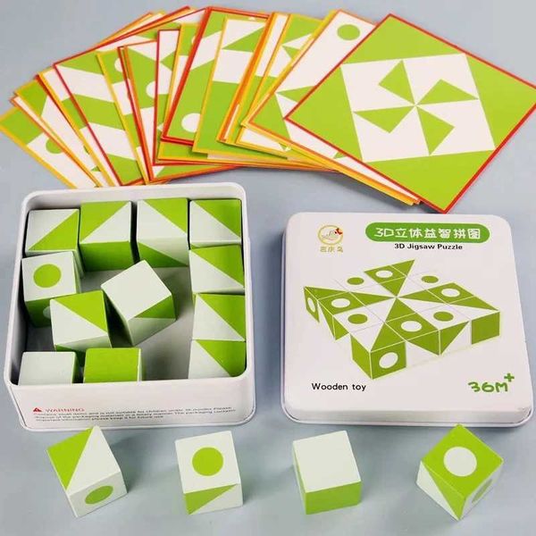 New 3D Montessori Geometry Puzzles Building Block Face Changing Logical Thinking Training Wooden Childrens Early Education ToyY240821