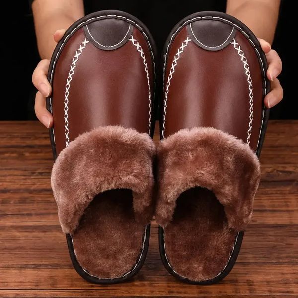 Waterproof Leather Slippers Men Cotton Shoes Home Slippers Soft Bottom Footwear Non-Slip Indoor Warm Plush Winter Women Slippers 241104