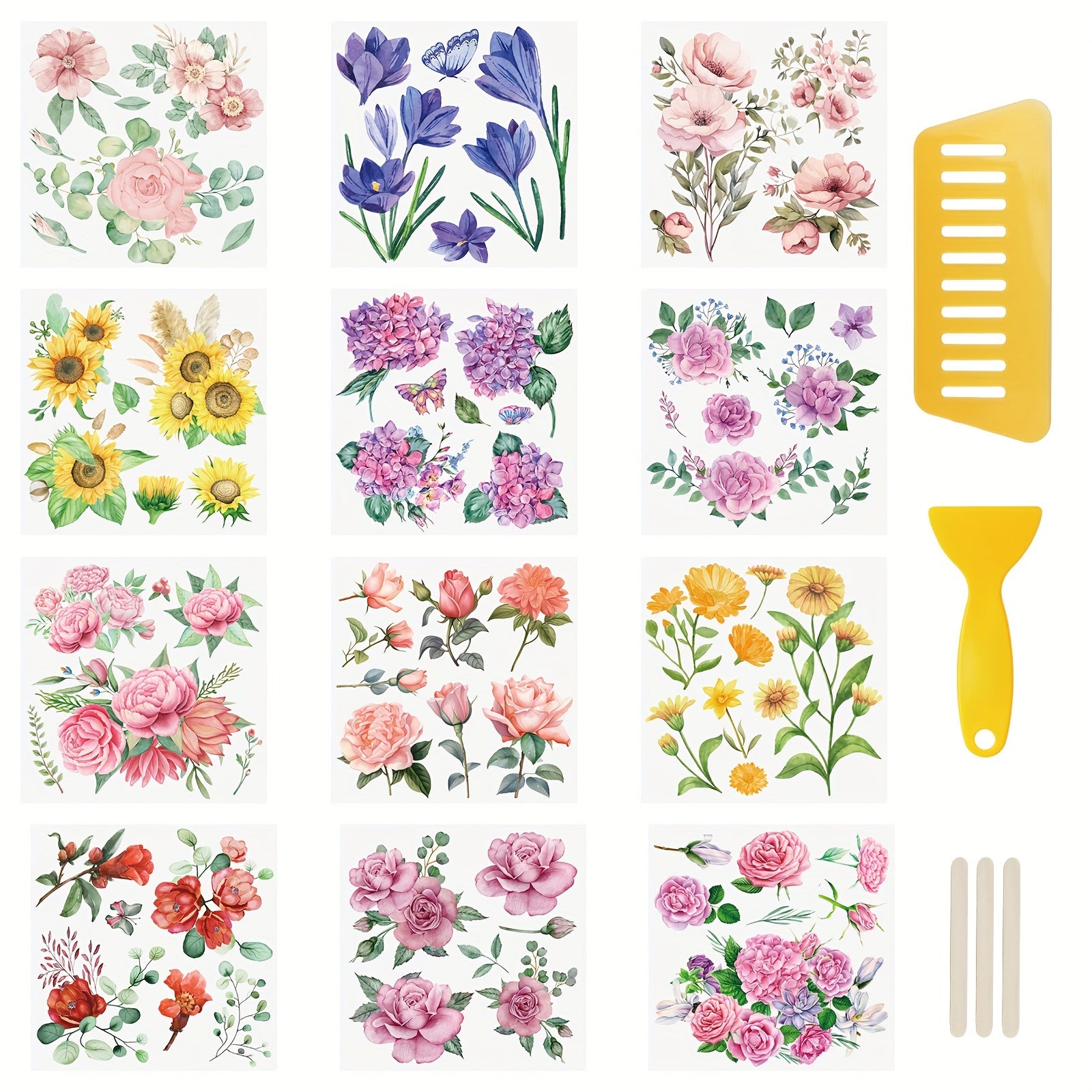 TEMU 12 Sheets Rub On Transfer Stickers - Flower Waterproof Decals For Diy Scrapbooking, Journal, Album, Furniture Craft - 5.9x5.9 Inches, Reusable,