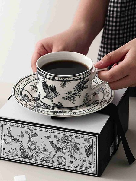 Black and White PatternCeramic Dishes and Plates Sets Korean Simple Retro Afternoon Tea Cup with Tray Special TablewareB240720