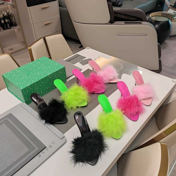 Slippers 2024 Summer New Fashion Camel Feather Decorative Dot Muller Slide Womens Sandals Womens Slim High Heels Womens High Heels Q241114