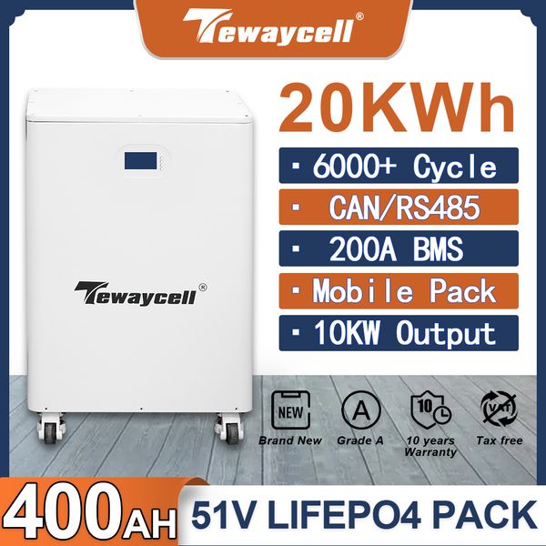 Tewaycell 20KWh 30KWh Powerwall 51V 400Ah 600Ah LiFePO4 Battery Pack Buitl-in 200A BMS CAN RS485 Monitor Solar ESS 10KW Output