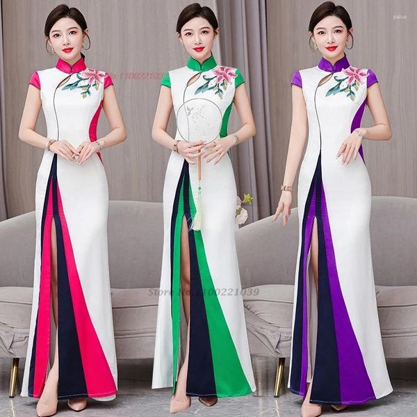 Ethnic Clothing 2024 Chinese Vintage Dress Improved Cheongsam Qipao National Flower Embroidery Evening Banquet Stage Performance