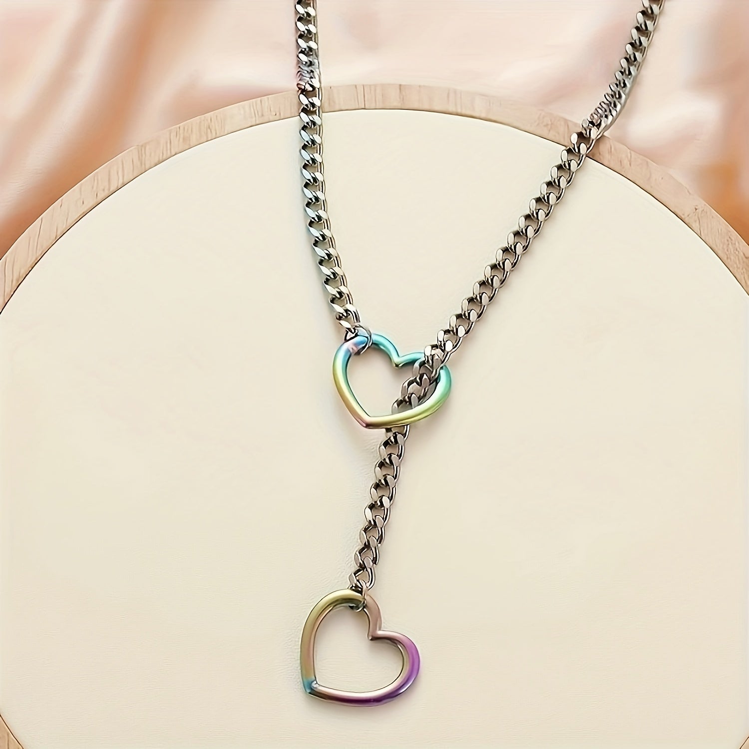TEMU Colorful Titanium Steel Cuban Chain Necklace With Heart & O Pendant - Adjustable, Boho-chic For Casual Attire Or Gift , Necklace