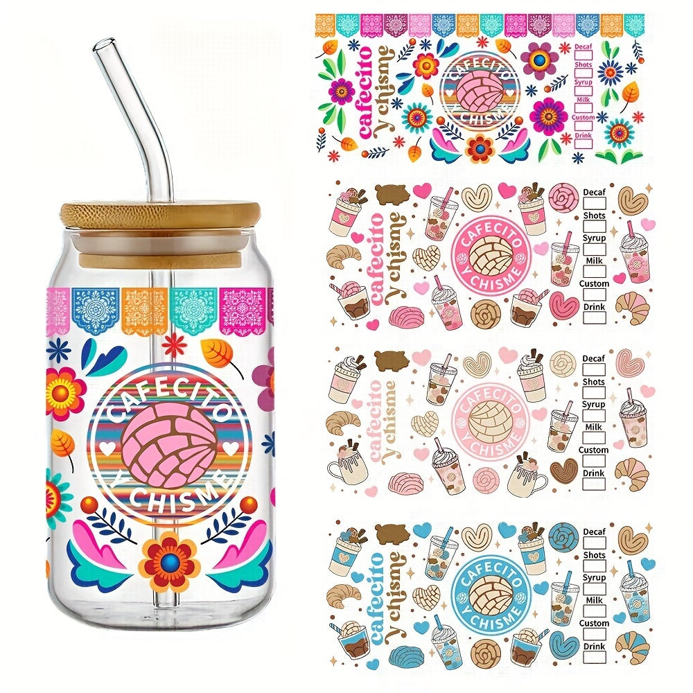 TEMU 4pcs Y Uv Dtf Cup Wraps Decals Dly Waterproof Transfer Stickers For 160z Glass Cup Fashion Cup Wrap Women Decals Diy Crafts