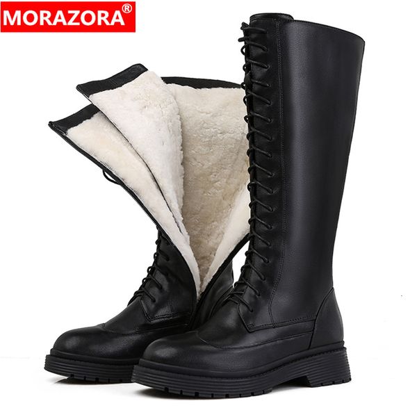 MORAZORA 2024 New Genuine Leather Women Shoes Lace Up Warm Winter Nature Sheep Wool Mid Calf Boots Ladies Botas