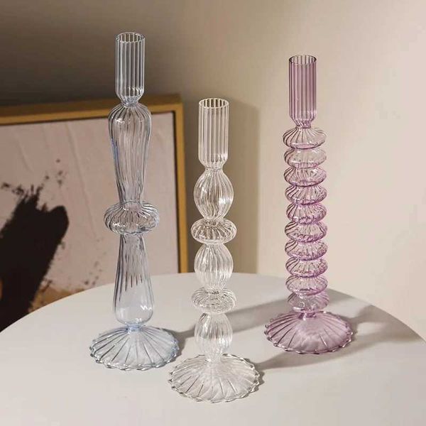 Candle Holders Nordic Glass Candle Holders Colorful Transparent Candlestick Flower Vase Wedding Party Table Centerpiece Home Decorations Cra