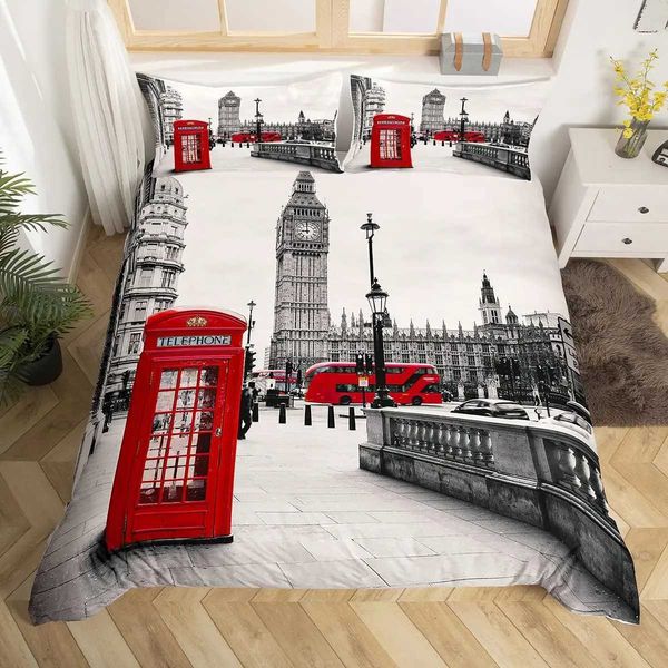 London Telephone Booth King Down Duvet Cover Big Ben Bedding Set Retro British Down Duvet Cover Red Grey Down Duvet Cover Y241231