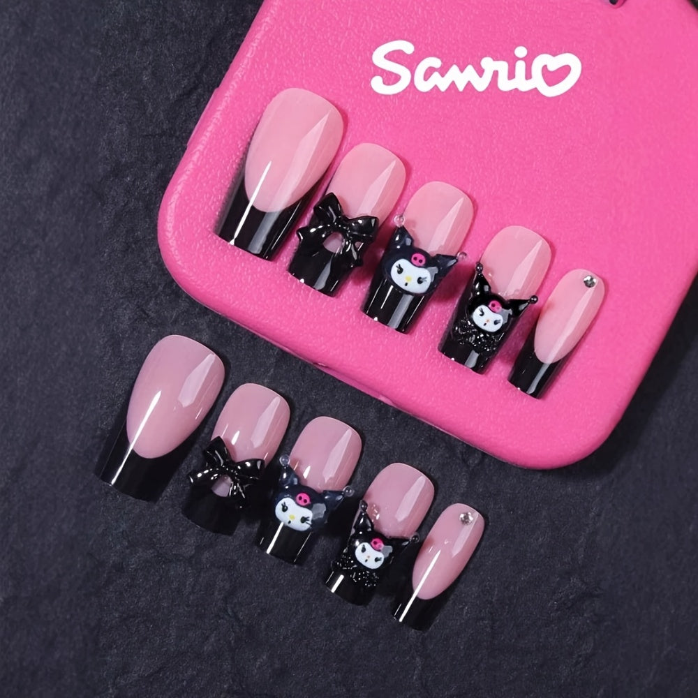 TEMU 24pcs For Kuromi Press-on Nails - Y2k Black French Style With Cute Bowknot Design, Long , Glossy Finish, , Gift Idea, Cute Nails, Nail Design,