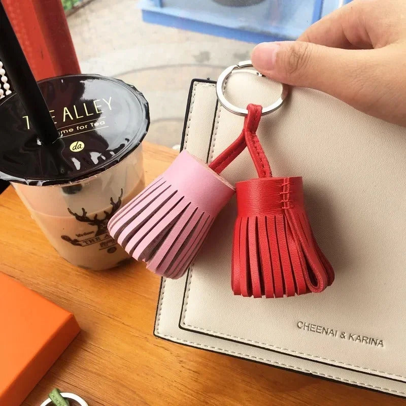 Fashion Leather Double Tassel Fringe Keychain Car Key Chain Ring Women Bag Charm Backpack Holders Ornament Gift 250122