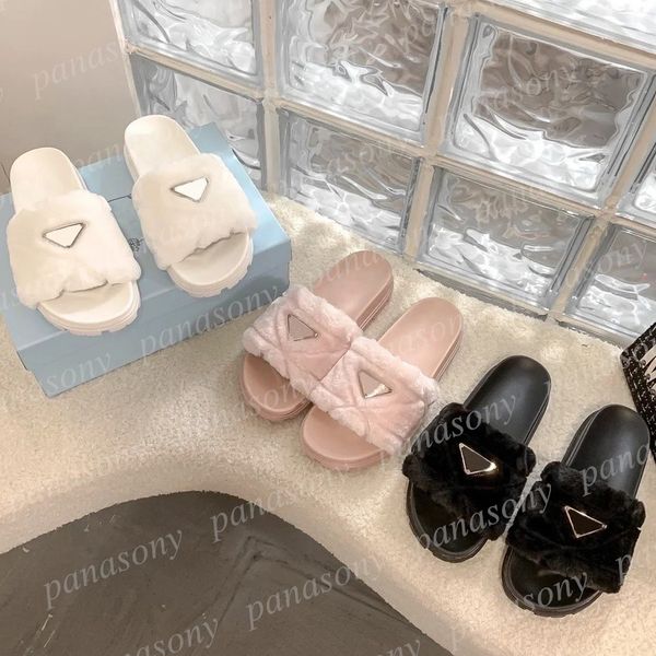 Luxury Slides Paris Designer men women triangle Slippers Ladies Winter Fur Fluffy Furry Warm Letters Sandals Comfortable Fuzzy Girl Flip Flo
