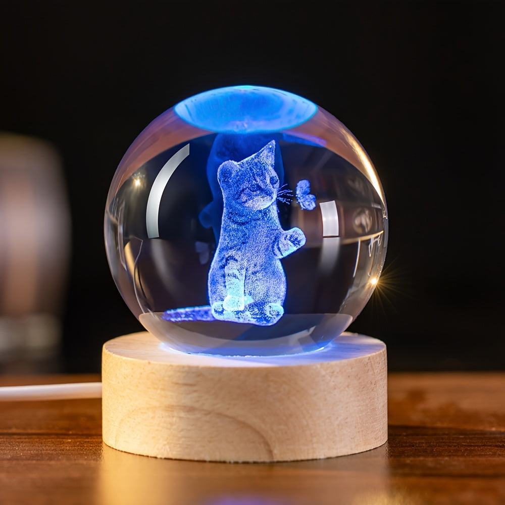 TEMU 1pc Classic 3d Cat Crystal Ball With Wooden Base, Glass Tabletop Animal Theme Decor, Usb Powered, For Christmas, Thanksgiving, Valentine's,