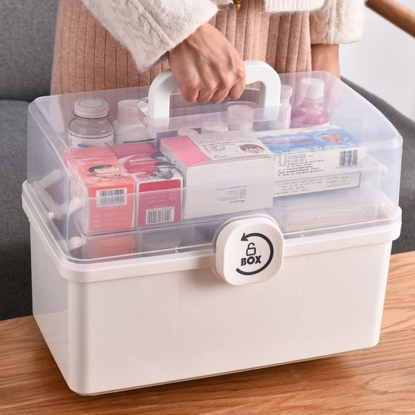 New Portable Empty First Aid Clear 2-Tray Plastic Medication Storage Box for Home with Divider Inserts and Handle White Y1113 340h