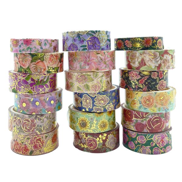 Adhesive Tapes 18Rolls Flower Washi Tape Set Gold Foil Masking Kawaii Decorative for Sticker Scrapbooking Journal Stationery 2016 230804
