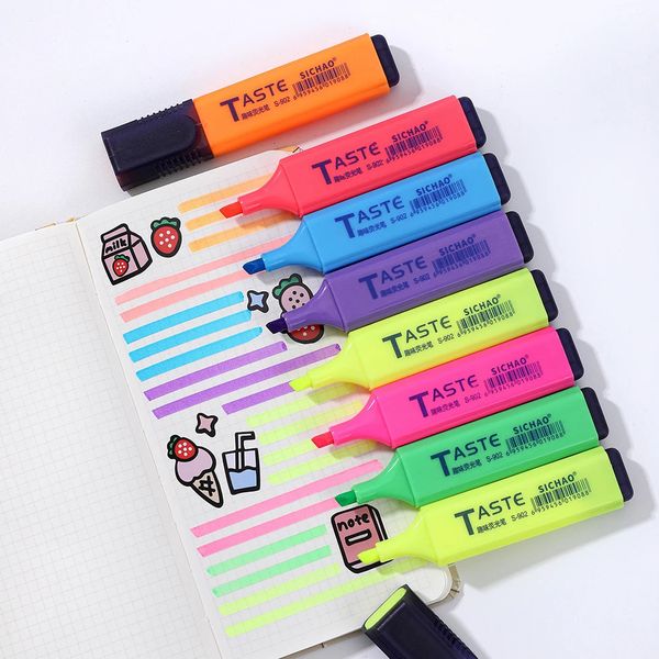 8PCS Highlighter Fluorescent Pen Broad Tip Writing Marker Pens for Art Drawing Doodling Marking Office Stationery School Su 250102