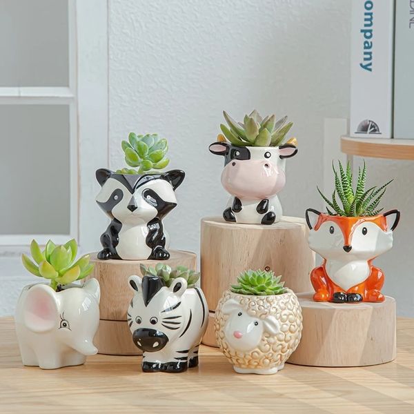Nordic Style Ceramic Animal Flower Pot Cartoon Zebra Sheep Cow Head Mini Pot Succulents Plants Bonsai Pots Home Decoration 220822