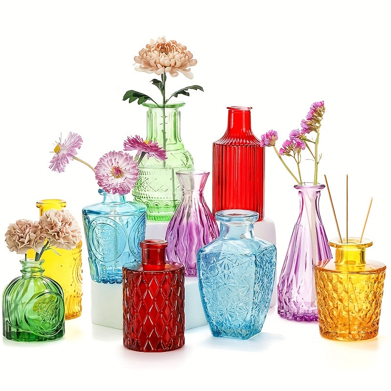 TEMU 10pcs Set Of Colorful Flower Buds Vases, Small Glass Vases With Retro Carvings, Single Flower Bud Vases In Bulk For Centerpieces, Parties,