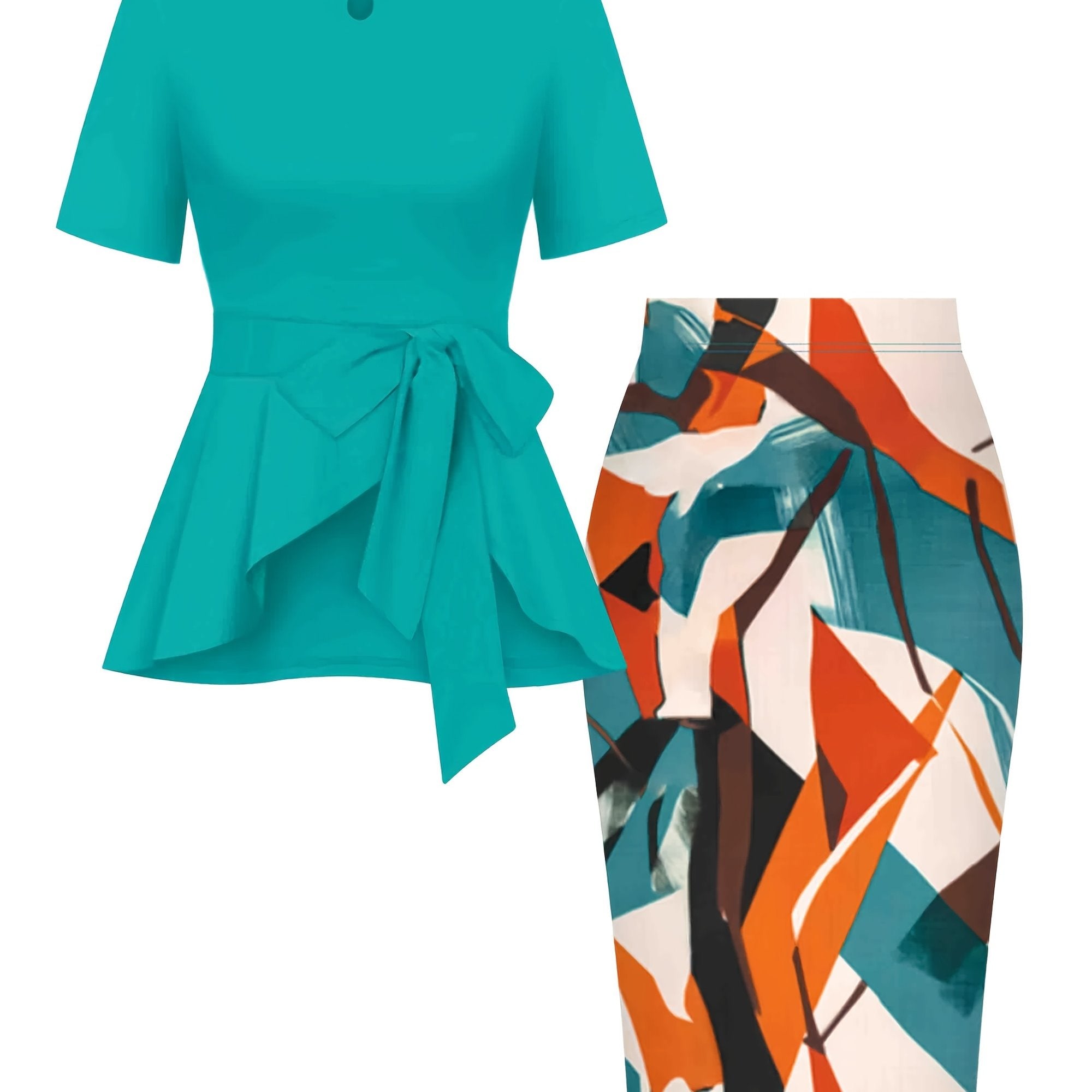 TEMU Women's Elegant Two-piece Set - Solid Color Round Neck Top With Tie Bow Detail & Vibrant Geometric Print Skirt, Short Sleeve, Spring-summer