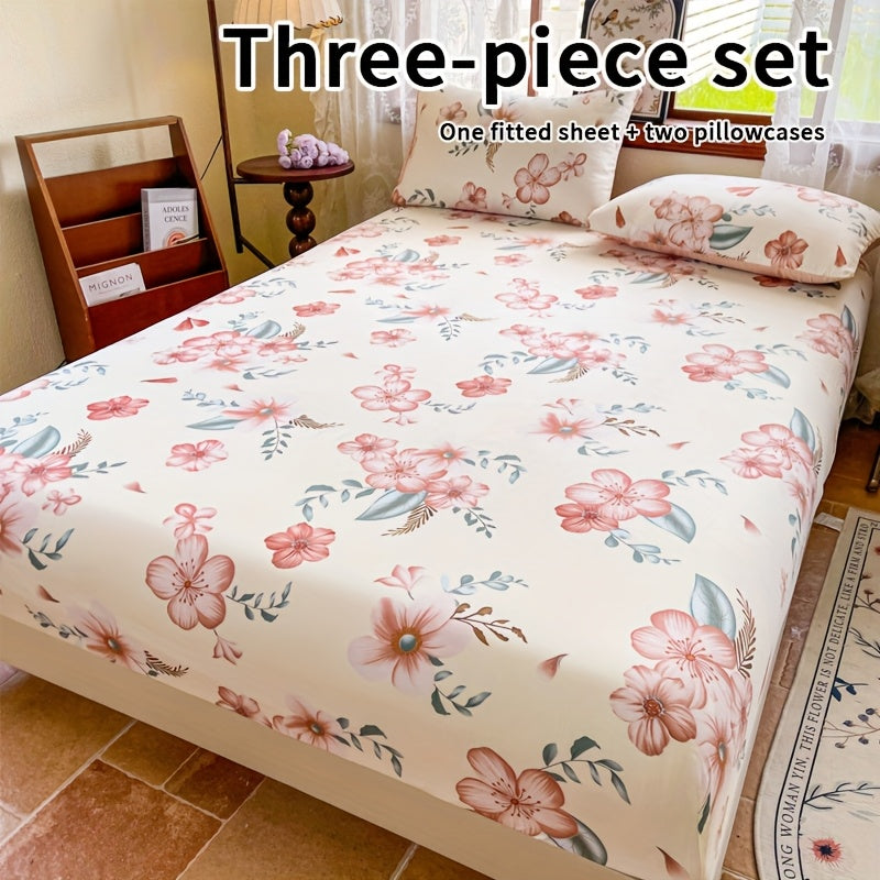 TEMU 3pcs Fitted Sheet Set Includes A Fitted Sheet And 2 Pillowcases. Floral Comfortable, Soft, Breathable And To The Mattress. Mattress Protector,