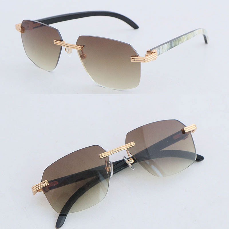 Latest Fashion Metal Large Square Rimless Sunglasses Women White Inside Black Buffalo Horn Sun Glasses Men Luxury Mirror lens Size 60-20-145MM