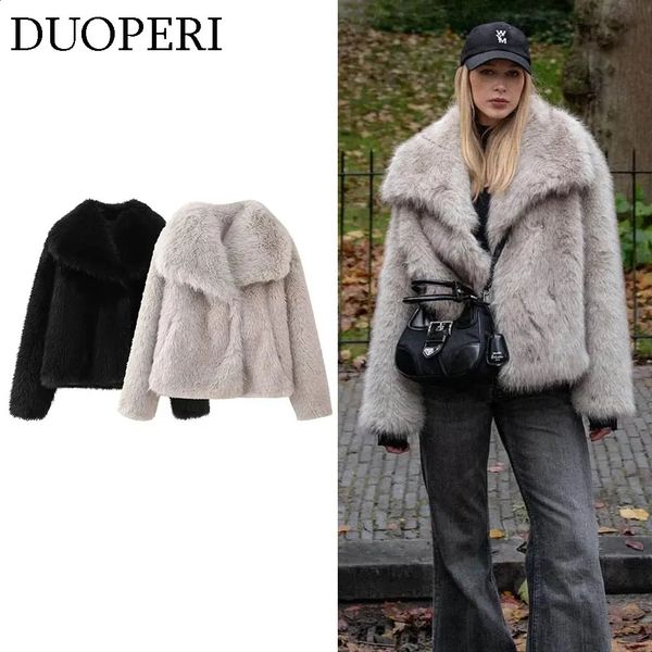 DUOPERI Womens Fashion Winter Solid Thick Warm Artificial Fur Coat Flip Collar Long Sleeve Casual Set 240828