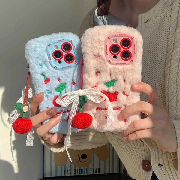 Hot Sale Sweet Embroidery Cherry Plush Phone Case Cute Phone Accessories Suitable for iPhone 16 15 14 12 11 Pro Max T241209