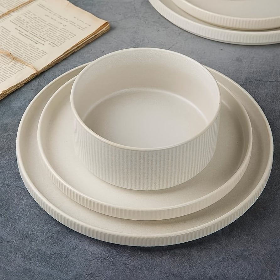 TEMU 12pcs Stoneware Dinnerware Sets, Round Plates And Bowls Set For 4, Ribbed, Dishwasher And Microwave-safe, Full Glaze Matte White, Best For
