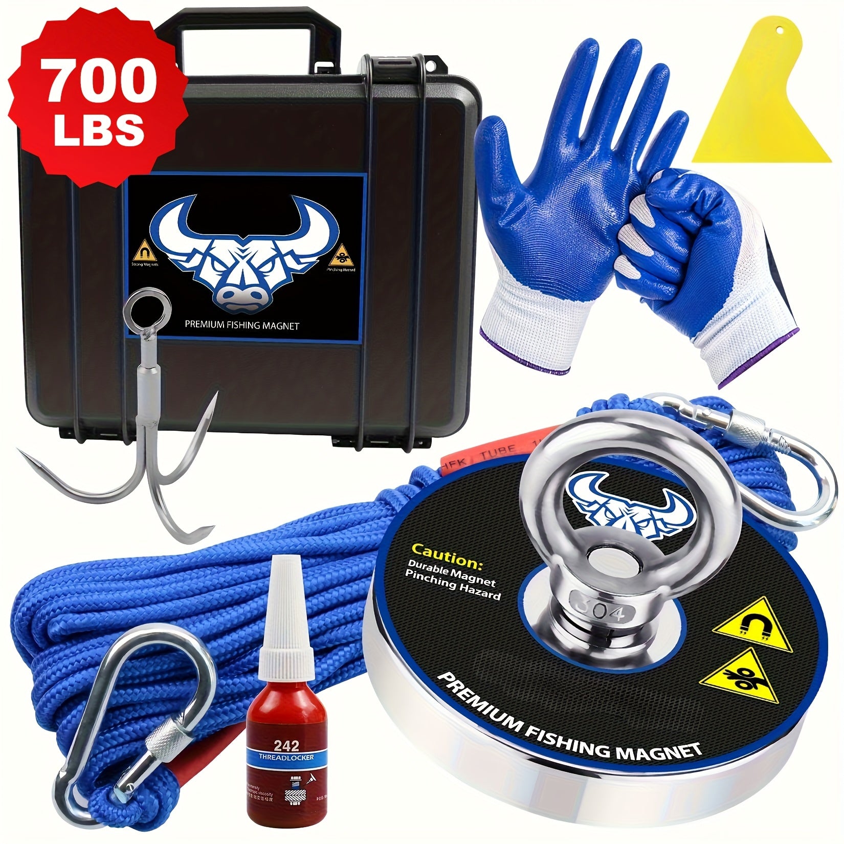 TEMU Sidiper Fishing Magnets Kit With Case, 700 Lbs Pulling Force Heavy-duty Magnets Fishing Kit, With Rope, Grappling Hook, Gloves & Locking Clasp,