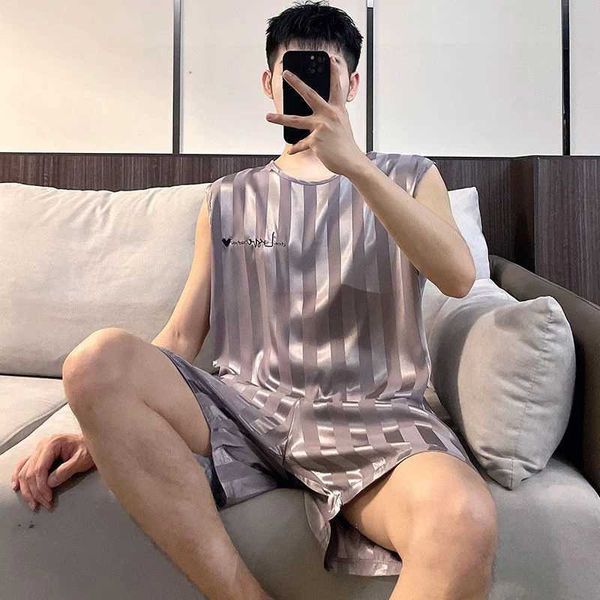 Summer Stripe Mens Pajamas Ice Silk Shorts Two Piece Sleepwear Casual Sleeveless Male Pajama Set Homewear Y240913