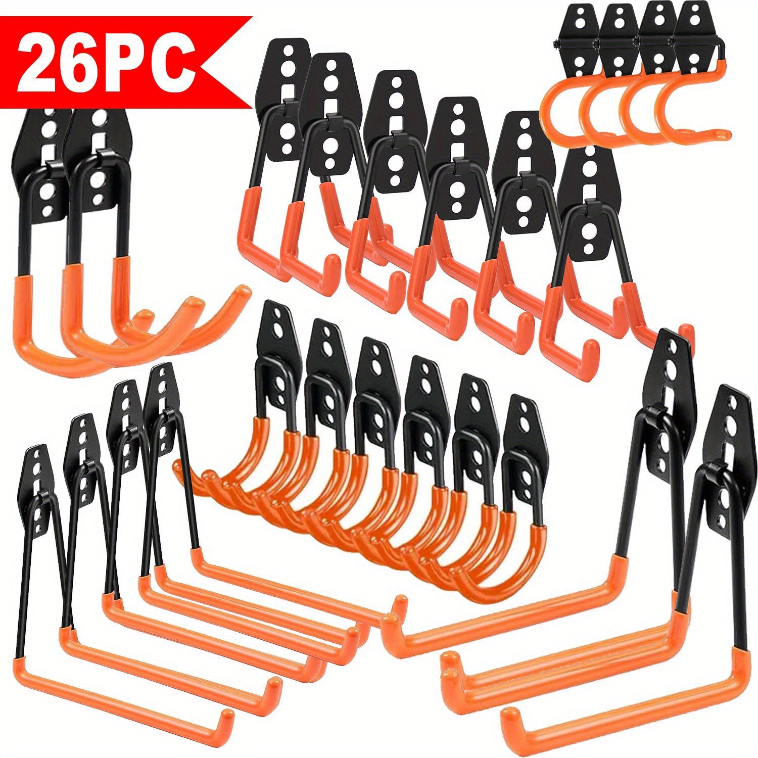 TEMU [2025 Upgraded]26pcs Wall Mounted Heavy Duty Garage Hooks - 100lb Capacity Steel Hooks For Tools, Bicycles, Ladders, Cables, Gardening Tools And
