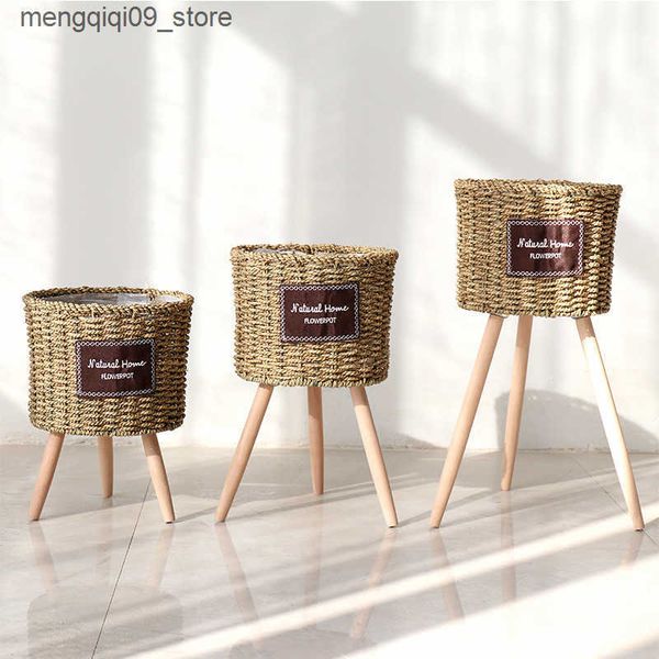 Planters Nordic woven grass woven flower basket wooden high flower rack floor standing indoor living room decoration green flower L240910