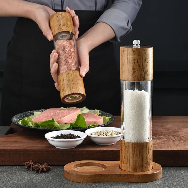 Salt and Pepper Grinder 2 in 1 Manual Wood Salt Pepper Mills with Adjustable Ceramic Grinding Spice Mill Kitchen Tool 250211