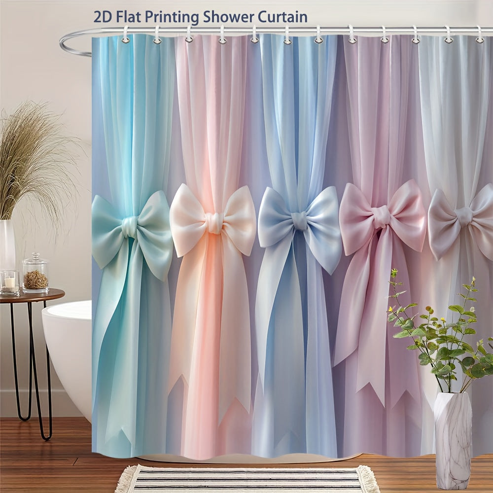 TEMU 1pc Elegant Pastel Shower Curtain - , Pink, Lavender, White Drapes With Large Bows, Machine Washable Polyester Bathroom Decor, 70x70 Inches, 12