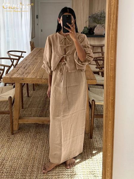 Clacive Casual Loose Khaki Cotton 2 Piece Sets Women Outfit Fashion Puff Sleeve Lace-Up Shirt With High Waist Long Skirts Set 250109