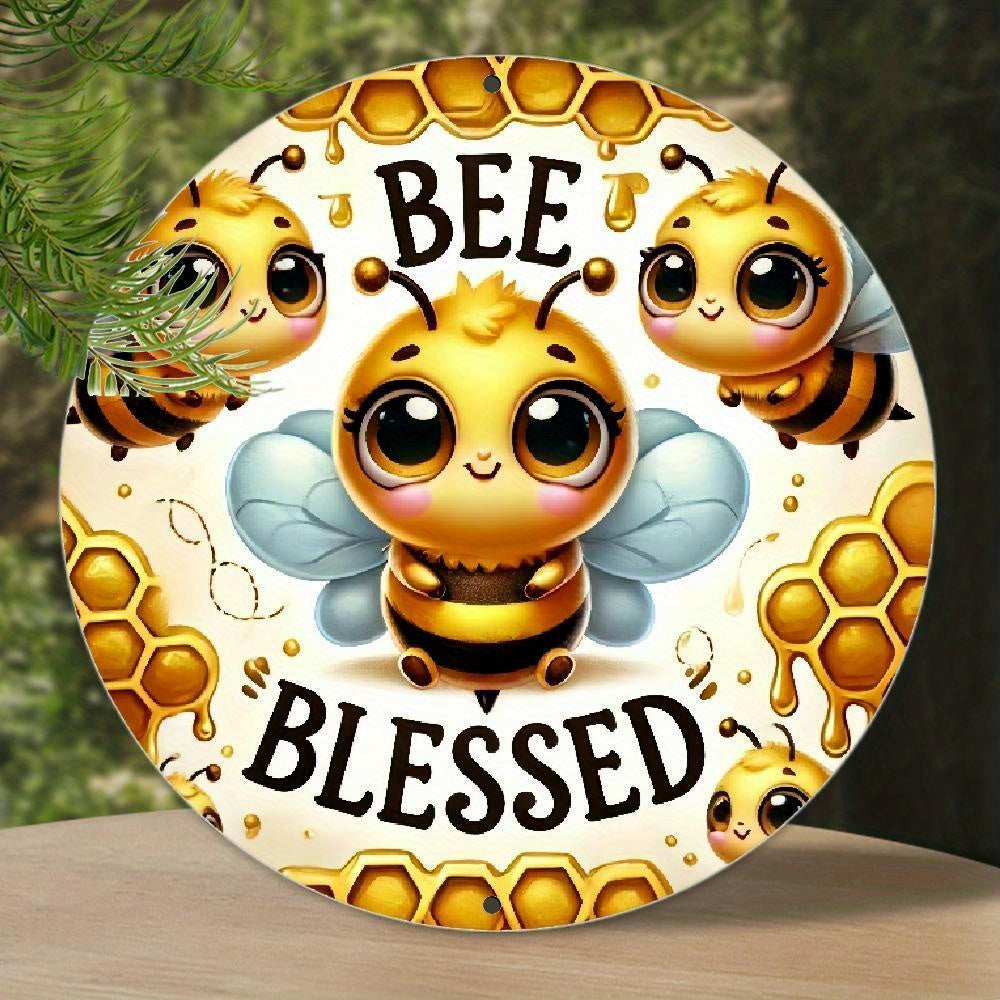 TEMU 2d Flat 1pc Round Bee Blessed Aluminum Sign, Honeybee Metal Wall Decor For Home, Cafe, Apartment, Restaurant, Living Room - Foil Engraved