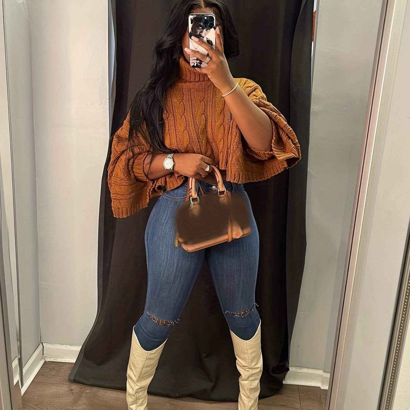 TEMU Women's High Neck Sweater - Loose Fit Stretchy Solid Color Layering Top For Casual Attire, Sweater, Versatile Fashion, Notched Sleeve Design,