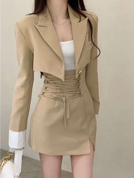 Two Piece Dress 2 Piece Dress Set Women Casual Y2k Crop Tops Elegant Jacket Coats Mini Skirts Korean Fashion Suits Autumn Blazers Dress 2211