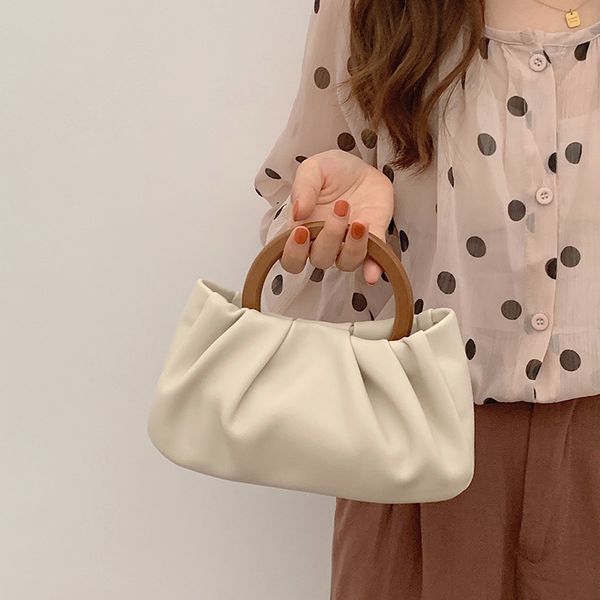Niche Design With Wooden Handle Pleated Cloud Carrying Handbag For Women&#039;s New Instagram Crossbody Mini Bag Trend