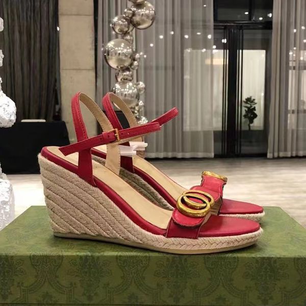 Wedge slope root sandalsLeather Slip On Narrow Band wedge shoes Straw Loafers Shoes Flats luxury designer womens high heeled factory footwea