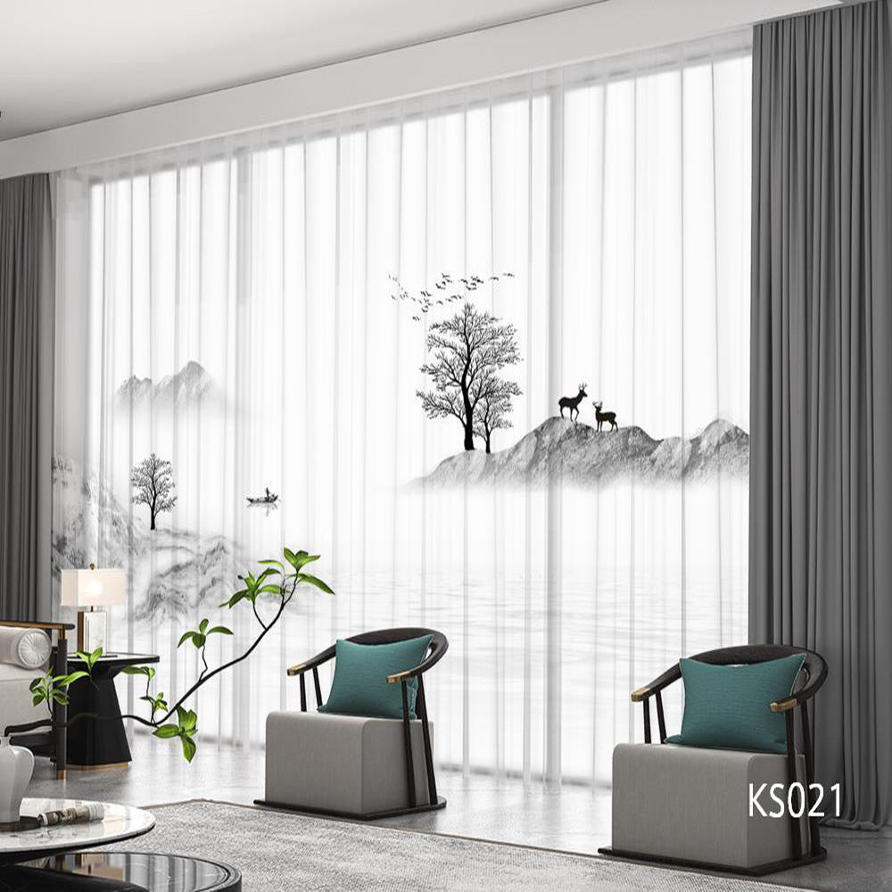 YL-36689 modern new Chinese style ink landscape painting scenery living room study high-end bedroom famous curtain Zen gauze curtain