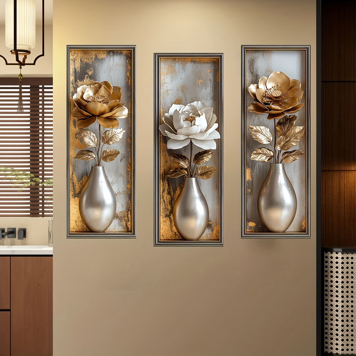 TEMU 3pcs Elegant 3d Metallic Floral Wall Art - Reusable Self-adhesive Pvc Decals With Golden & White Roses, Peacock Feathers & Green Leaves For